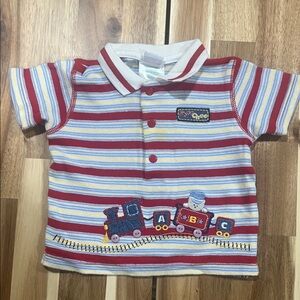 Vintage Okie Dokie Red and Blue Striped Polo with Train Design